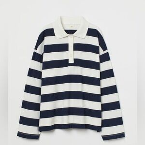 H&M Long Sleeved Polo Shirt Stripped Dark Blue White Size XS